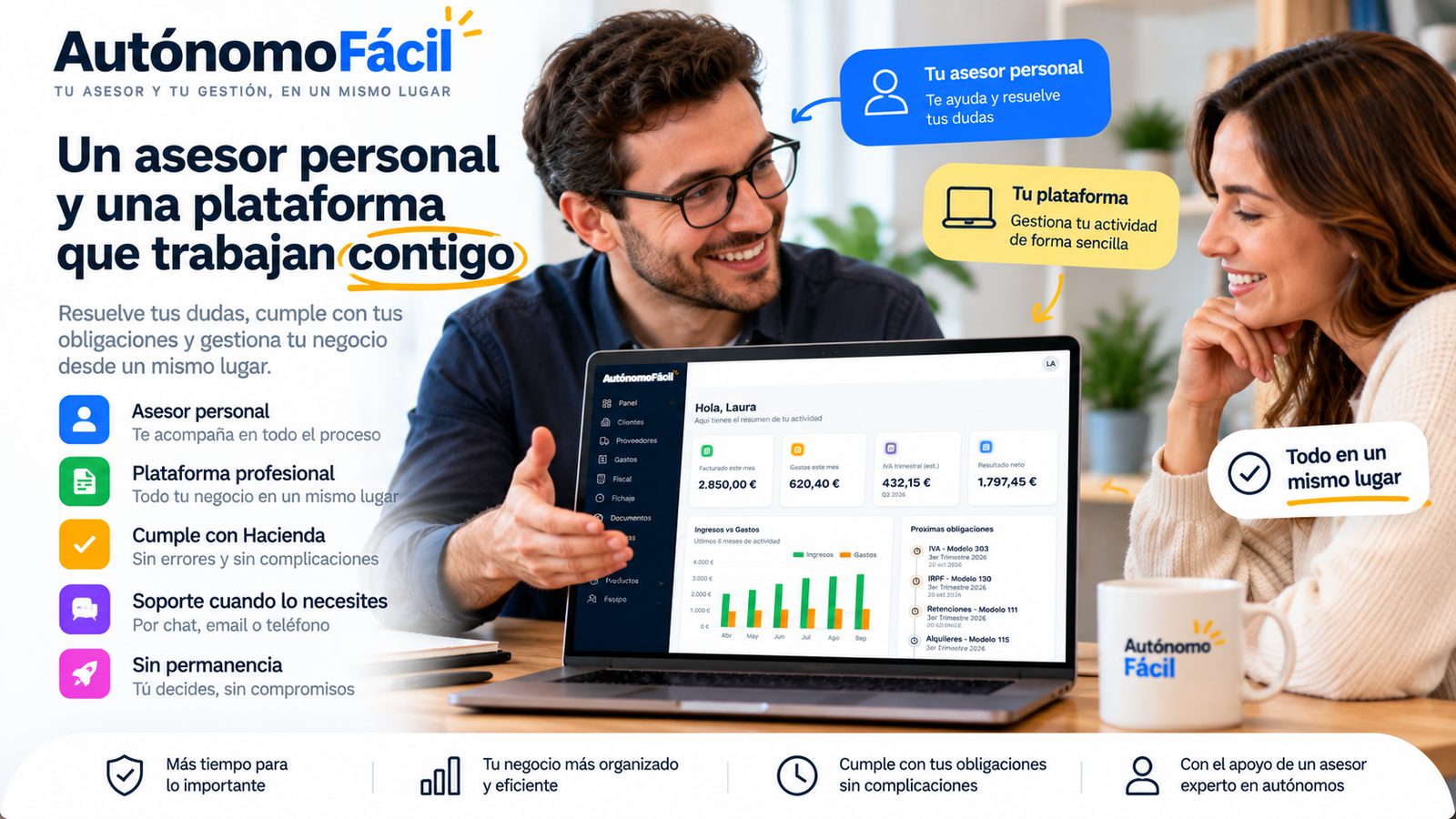 Un asesor personal y la plataforma de Autónomo Fácil trabajando juntos