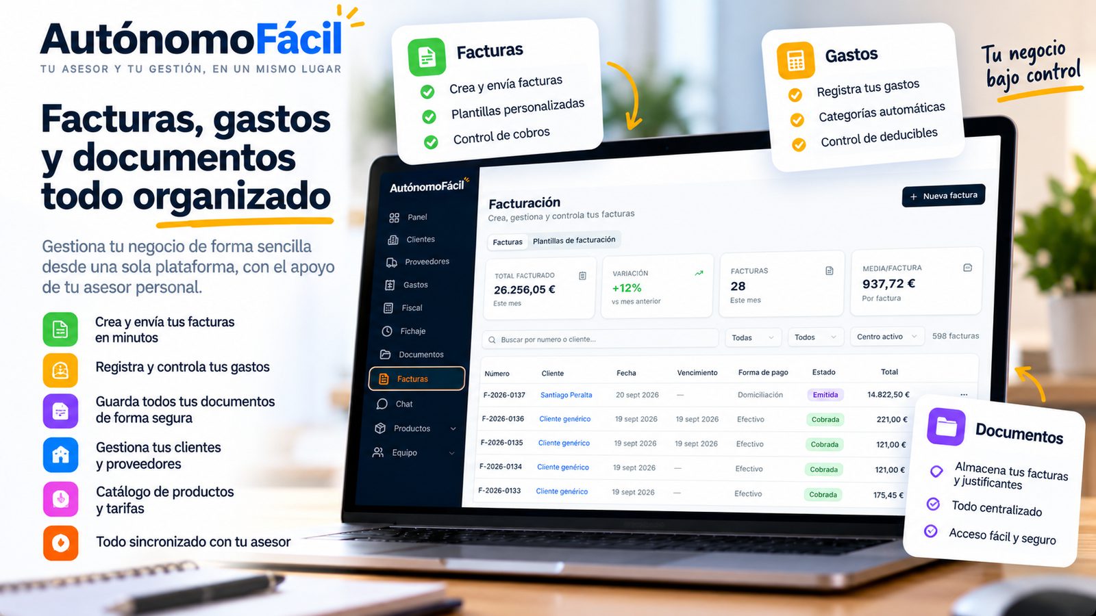 Gestión de facturas, gastos y documentos centralizados en Autónomo Fácil
