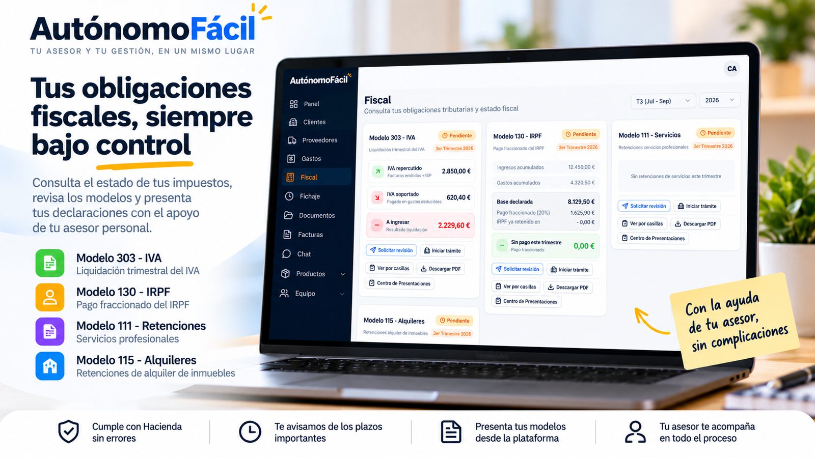 Sección fiscal de Autónomo Fácil con el estado de los modelos 303, 130, 111 y 115