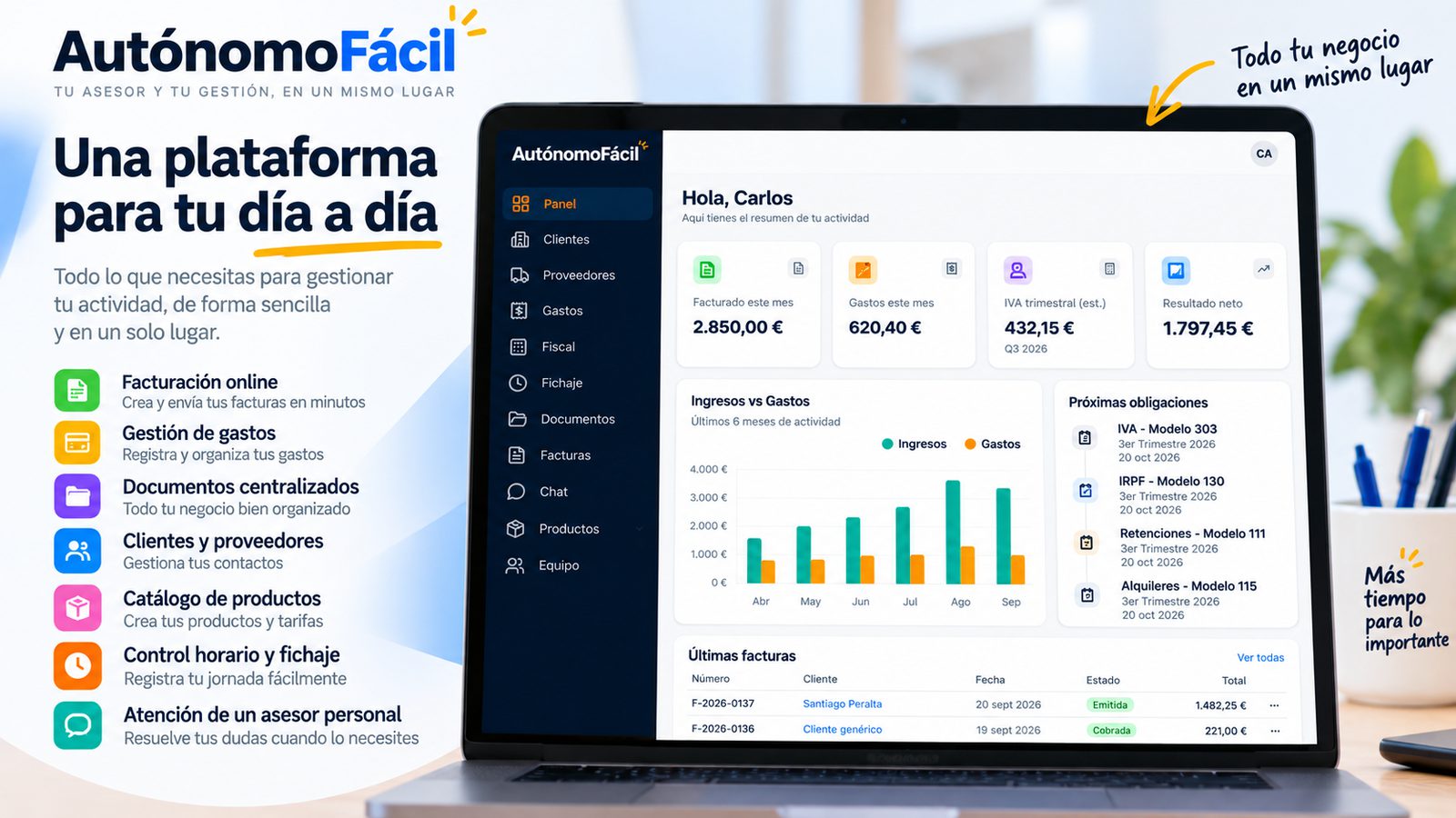 Panel general de Autónomo Fácil con facturación, gastos, IVA trimestral y últimas facturas