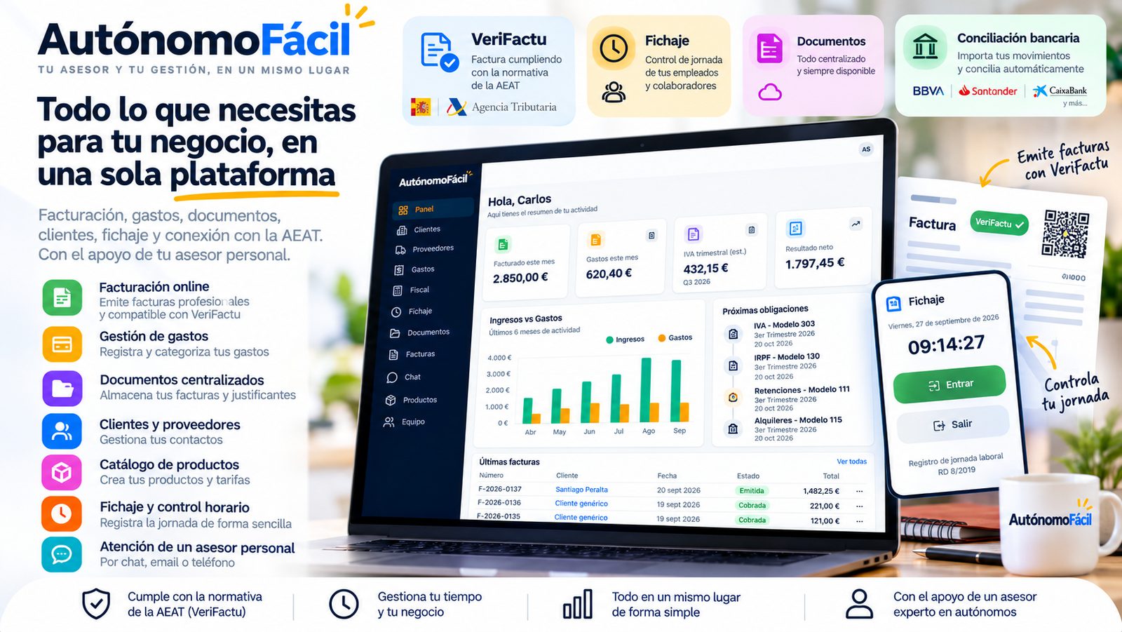 Autónomo Fácil con VeriFactu, fichaje, documentos centralizados en una misma plataforma